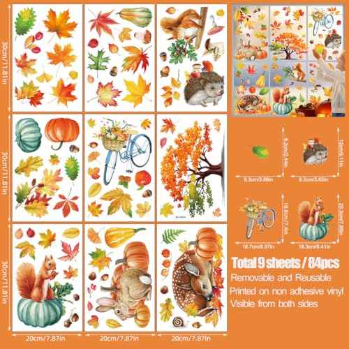 Fall Window Clings,Autumn Window Clings,Thanksgiving Decorations,9 Sheets Double-Side Pumpkin Leaves Window Stickers for Autumn Harvest Thanksgiving Home Party Shop Display Decoration