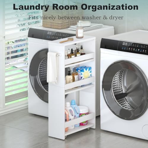 White Slim Rolling Storage Cart - Multi-Purpose Utility Kitchen Bathroom Laundry