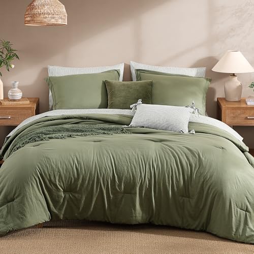 Monbix Olive Queen Comforter Set – 7 Pieces Bed in a Bag, All Season Cozy Bedding