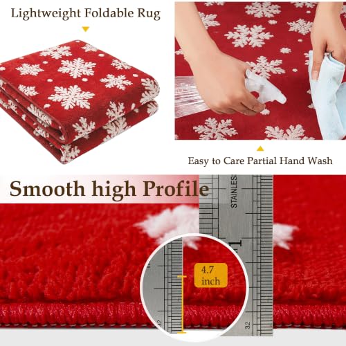 Hugear 2x5 Red Snowflake Christmas Runner Rug - 3D Snowflake, Medium Pile, Non-Slip