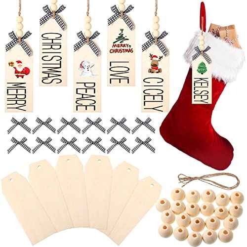 Jetec 12 Pieces Christmas Wood Stocking Name Tags DIY Stocking Signs Personalized Farmhouse Name Tag with Buffalo Check Bows for Christmas Closet Xmas Hanging Decoration (Natural Color)