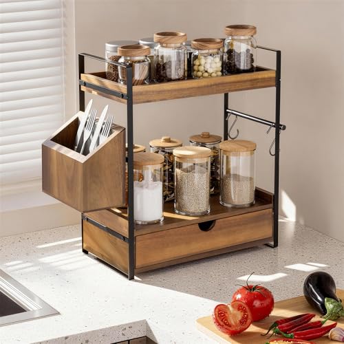 Acacia Wood Bathroom Counter Organizer with Drawer - Dark Brown, 2-Tier Vanity Shelf