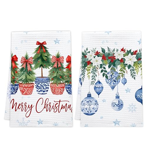 PseuAudo Merry Christmas Holiday Kitchen Towels - Festive Dish & Hand Towels, 2-Pack, 24x15 inches
