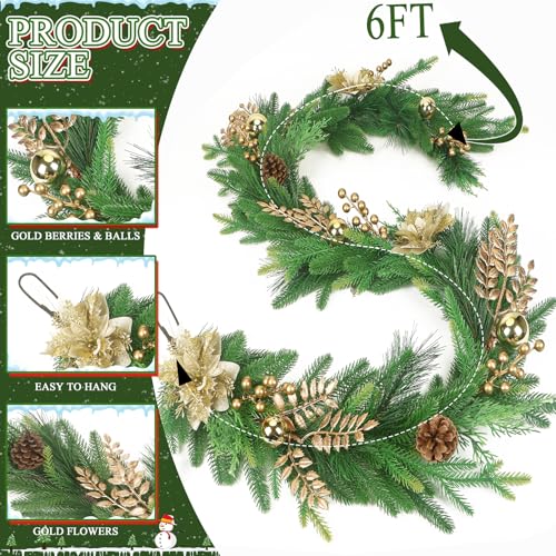 6ft Norfolk Pine Garland with Gold Flowers - Premium Indoor/Outdoor Christmas Greenery
