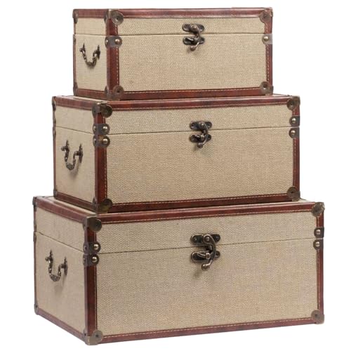 Farmhouse Storage Trunks Set of 3 Linen and Wood Vintage Chests for Living Room & Bedroom