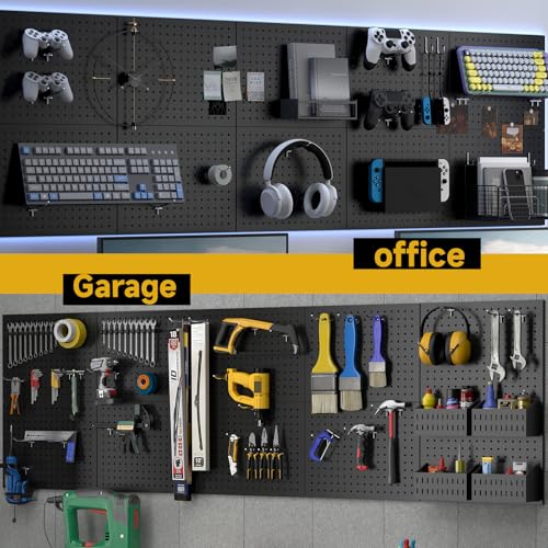Peg Board Tool Organizer Set - 4 Panels 16x12 Inches with 70 Hooks - Black
