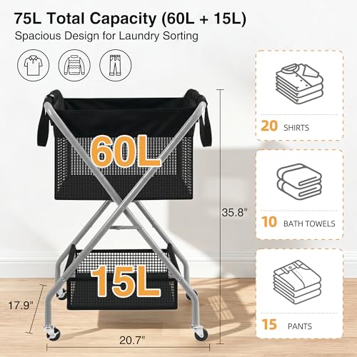 STO STO 75L Foldable Rolling Laundry Cart with Removable Bag & Steel Frame