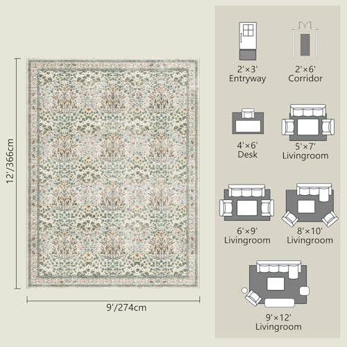 Beige 9x12 Washable Area Rug - Vintage Floral Low Pile Non Slip Carpet for Living Room & Bedroom