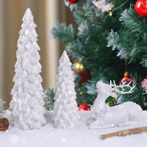 BINSUNS 3-Pack Christmas Tree & Reindeer Figurines Set in Silver - Resin Tabletop Decor