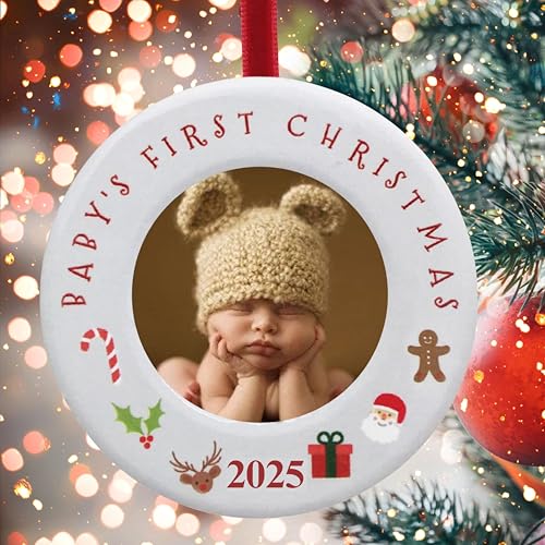 BANBERRY DESIGNS Baby's First Christmas Photo Ornament - 2025 - Picture Ornament for Newborns - 3.5" Dia - Hangs on Tree or Sits with Easel Back - Holds 2" Dia Photo
