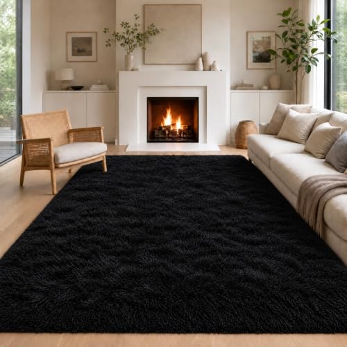 8x10 Black Shag Area Rug - Fluffy Washable Living Room Carpet with Non-Slip Backing