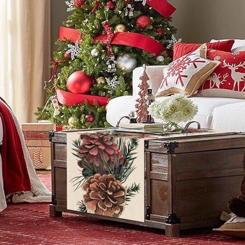 Seliem Winter Pine Cone Table Runner, Pine Needle Branch Red Berry Bow Farmhouse Kitchen Dining Table Decor, Christmas Holiday Seasonal Rustic Home Decoration Indoor Outdoor Party Supply 13x36 Inches