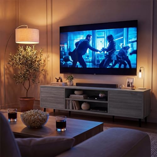 YESHOMY Mid-Century Modern TV Stand - 63 Inch Light Gray Entertainment Console for 65-70 Inch TVs