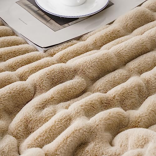 Soft Faux Fur Throw Blanket - Double Side, 50x60 Inches, Beige - Cozy Couch & Bed Decor