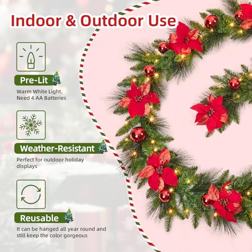 Garvee 9 ft Red Pre-Lit Christmas Garland with LED Lights - Indoor/Outdoor Cypress Leaves & Flower Accents