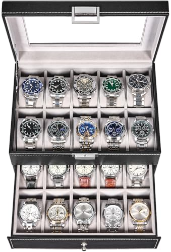 BEWISHOME Black & Gray 20-Slot Watch Organizer with Glass Lid
