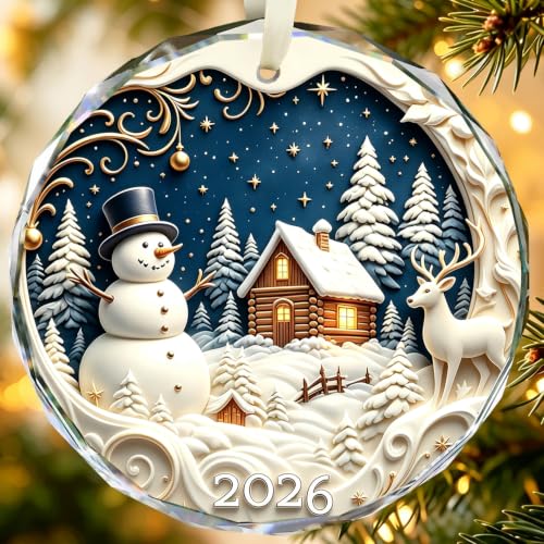 VYBRID 2026 Snowman Cabin Deer Christmas Ornament - White-Blue Variant