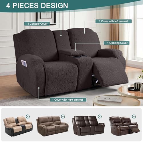 Ruaozz Chocolate Recliner Loveseat Cover with Console, 2-Seater Stretch Slipcover