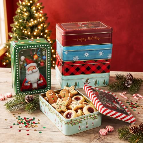 Tioncy Christmas Cookie Tin with Lid - Rectangle, 7.3 x 5.1 x 2.2 Inches, Set of 6 Holiday Cookie Jars