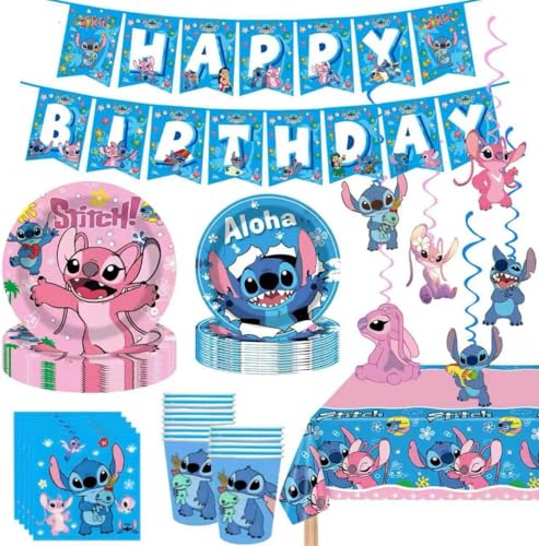 KROCEUS Stitch Party Supplies Kit - Birthday Decorations, Plates, Cups, Banner & Tablecloth, 88pcs - Bu1