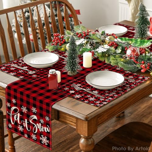 Artoid Mode Red and Black Buffalo Plaid Snowflake Christmas Placemats Set of 12, 12x18 Inch Winter Table Mats for Holiday Dining