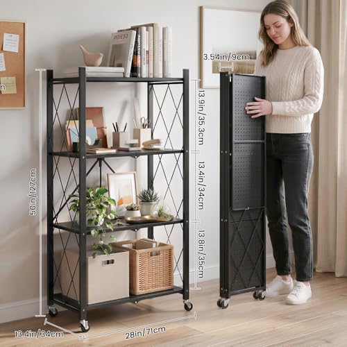 Foldable 4-Tier Metal Storage Shelves with Wheels - Large Capacity Organizer, No Assembly, Black Variation 1