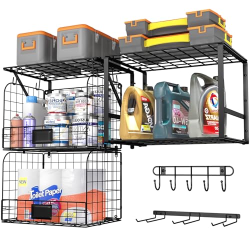 Heavy Duty Wall Mounted Garage Shelf with Wire Baskets & Tool Storage
