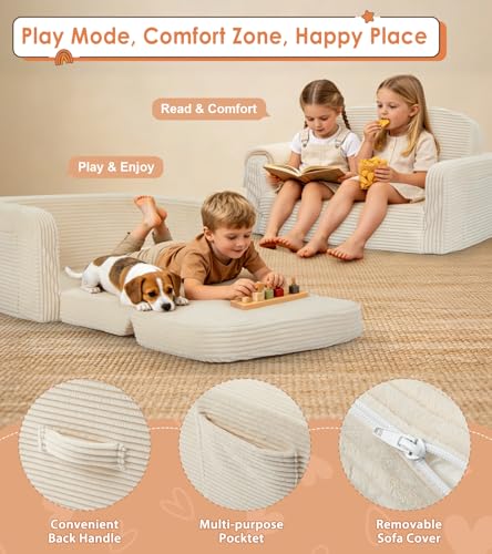 Lanabuna Cream Large 2-in-1 Kids Couch with Storage & Blanket - Toddler Sofa Chair