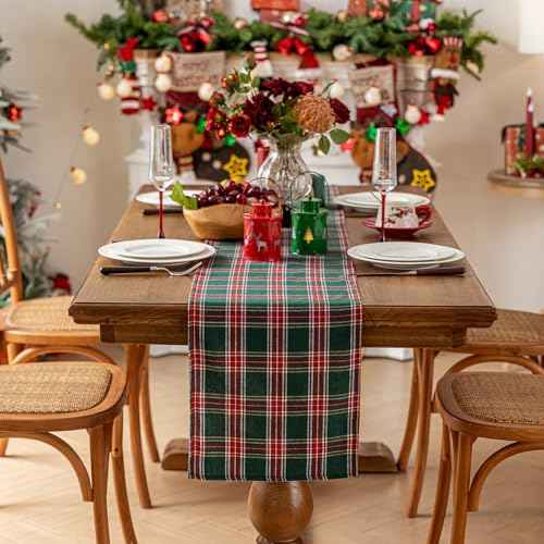 Joyfol Day 13x72 Inch Green Tartan Christmas Table Runner - Stain Resistant & Washable, Holiday Decor for Xmas, New Year's, Winter Dining