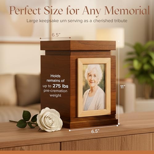 Wooden Ashes Keepsake Urn with Photo Frame - Large Walnut Adult Memorial - 6.5x6.5x11 Inches
