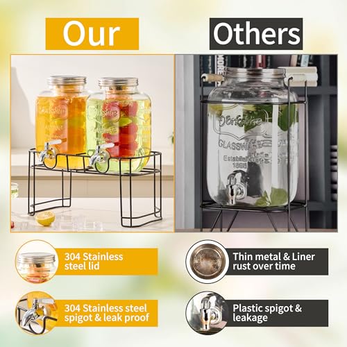 Double Gallon Glass Beverage Dispenser Set with Stand & Fruit Infuser - Stainless Steel Spigot