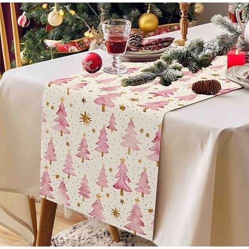 Christmas Table Runner 13x72 Inch, Pink Merry Christmas Trees Table Decors for Seasonal Winter Xmas Holiday Farmhouse Home Kitchen Dining Party