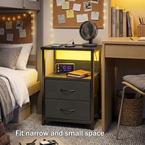 Fixwal Nightstand with Charging Station, 2 Drawers, Black LED Light (15.7"D x 11.8"W x 23.6"H)