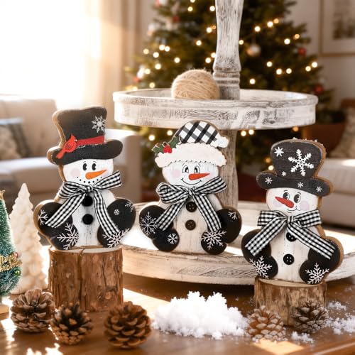 Sealmic 3 Pcs Christmas Wooden Snowman Centerpieces - Large Black & White Rustic Holiday Decor