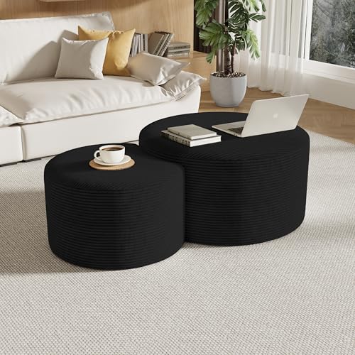 Round Nesting Coffee Table Set of 2,Upholstered Foam Ottoman Footrest