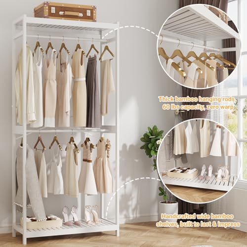 White Bamboo Clothing Rack with Shelves - 33.5” Wide, 78.8” Tall, Double Hanging Rods