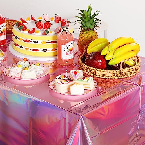 4 Pack Iridescent Pink Plastic Tablecloths, FunnyPars Shiny Disposable Laser Rectangle Table Covers, Holographic Foil Tablecloth Iridescent Party Decorations for Birthday Wedding Christmas, 54x108Inch