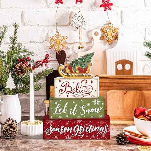 Britimes 4 Pcs Sleigh Christmas Tree Wooden Tiered Tray Decor Set, Farmhouse Rustic Holiday Decorative Stack Block Sign Wonderful Time Table Centerpieces for Home Shelf Table Decorations (Sleigh Tree)
