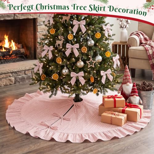 JOVIPOP Christmas Tree Skirt Large 72 Inch Red Pinstripe Ruffle - Farmhouse Holiday Decor