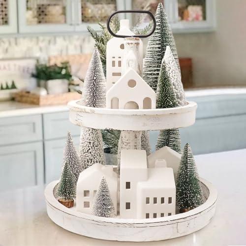 Christmas Village Set with 5 Lighted Ceramic Houses & 9 Mini Trees - Farmhouse Holiday Decor