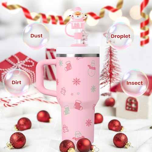 8 Pcs Christmas Straw Toppers for Stanley Cups, 3D Santa Claus Xmas Tree Straw Cover Caps Decoration for 30&40 oz Tumblers with DIA 10 mm Straws (Pink)