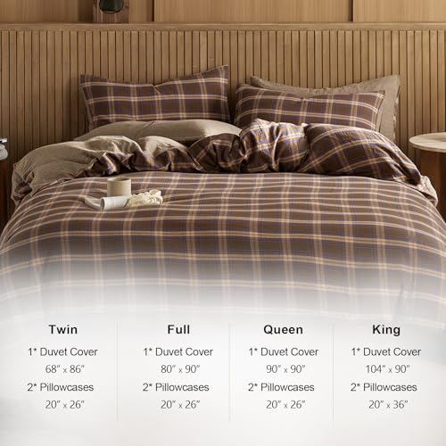 Vintage Brown & Blue Plaid Queen Duvet Cover Set - Reversible Cotton Muslin Bedding