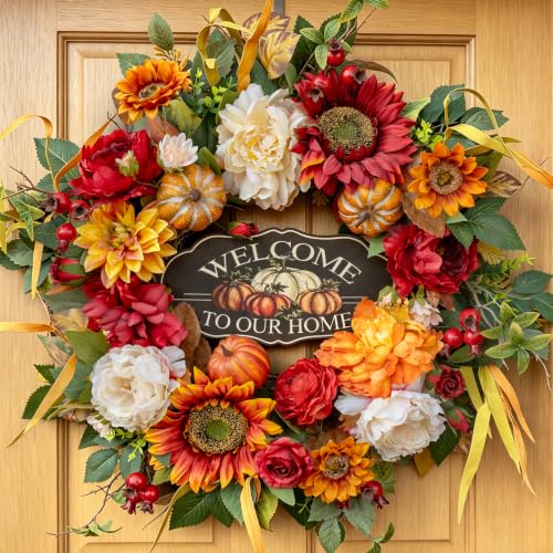24 Inch Fall Wreath with Pumpkins and Sunflowers - Rustic Autumn Door Decor - NaturaWre Pumpkin Wreath