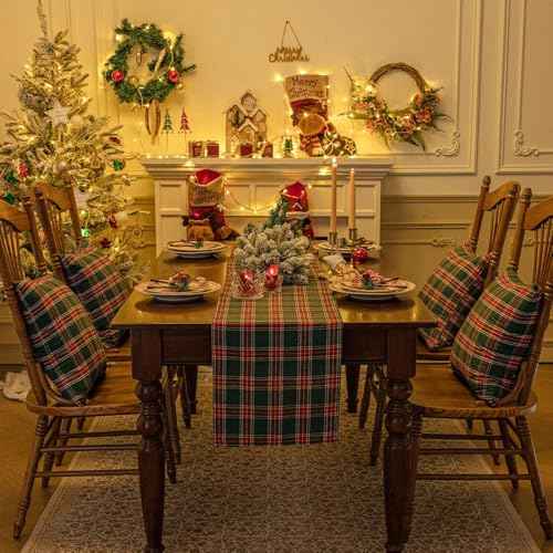Softalker Christmas Checkered Tartan Table Runner - Green Buffalo Plaid Xmas Stain Resistant Washable Table Decoration for Dining/Parties/Holiday Decor, 13 x 70 Inch