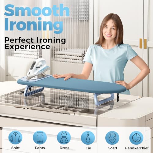 Blue Small Compact Ironing Board with Iron Mat - Space-Saving Tabletop Design