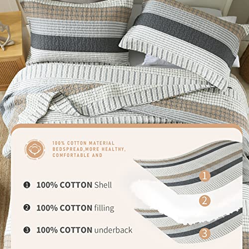 Finlonte Grey/Brown/White Queen Cotton Quilt Set 3 Pieces All-Season Farmhouse Bedding