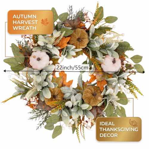 22-Inch Fall Wreath with Artificial Eucalyptus and Velvet Pumpkins - Farmhouse Holiday Door Decor