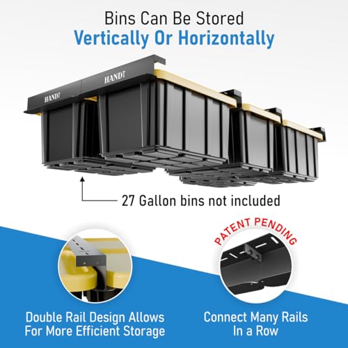 Heavy Duty Garage Overhead Storage Rack with 6 Black Bins - Connectable Ceiling Shelving System