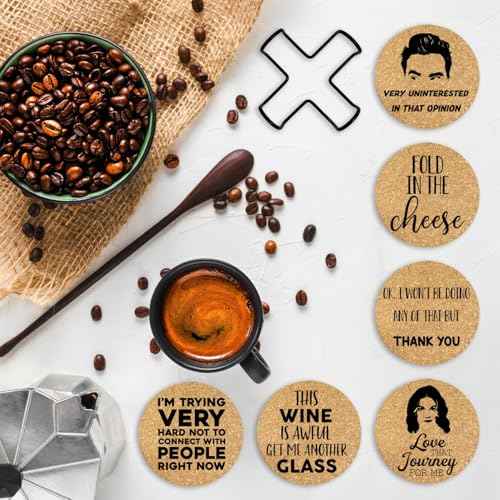 Funny Drink Coasters for SC Fans, 6 Pcs Coffee Coasters with Metal Holder, Fold in The Cheese TV Show Coasters, Cute Birthday Housewarming Gifts for Women Men Coworkers