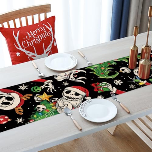 Christmas Jack Table Runner, Xmas Tree Kitchen Dining Table Decoration, Funny Holiday Winter Burlap Indoor Outdoor Home Decor Party Supply 13 x 72 Inches
